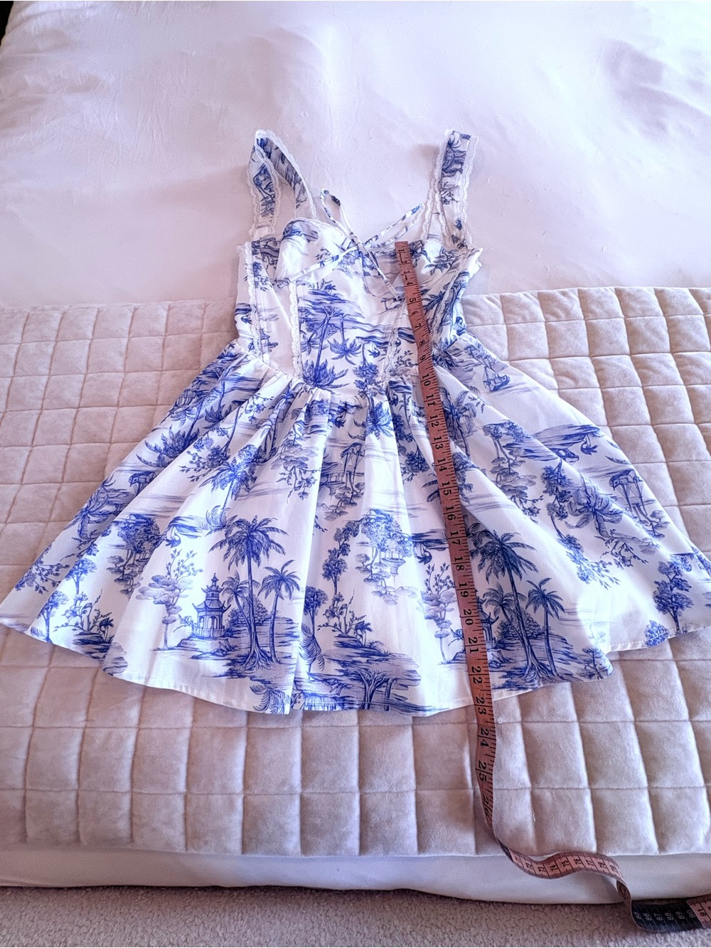 Showpo Idris Toile De Jouy Corset Mini Dress Blue White Lace Trim Size 4 - Picture 8 of 15